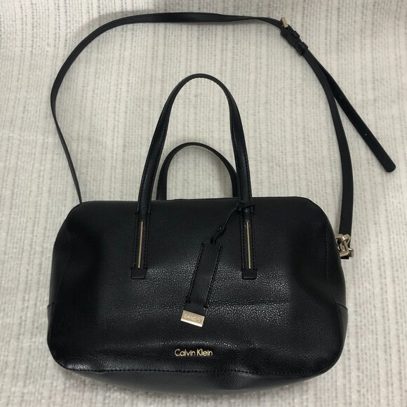 Calvin Klein Satchel Crossbody Bag Black Leather‎ Handbag Purse Designer - Picture 1 of 11